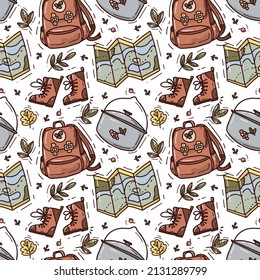 seamless pattern with cute camping elements. Camping gear and hand drawn hiking equipment doodles and plants