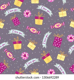 Seamless pattern with cute candies with heart and gift boxes
