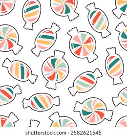 Seamless pattern with cute candies. Sweets seamless pattern. Confectionery. Vector illustration in flat style