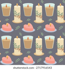 Patrón sin fisuras con lindas velas de varias Formas. Fondo colorido con decoración para el hogar