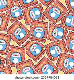 Seamless pattern of cute candy chubby penguin package background.Fat bird animal character cartoon design.Food.Dessert.Sweet.Kawaii.Vector.Illustration.