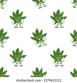 Seamless pattern of cute Cannabis mascot in thumbs up sign. Hand draw doodle illustration.