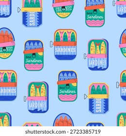 Patrón sin fisuras con lindas sardinas enlatadas. Comida mediterránea italiana. Diseño para el Anuncio, Fondo de pantalla, papel de embalaje, fondo, tarjeta, cartel. Ilustración vectorial en estilo plano