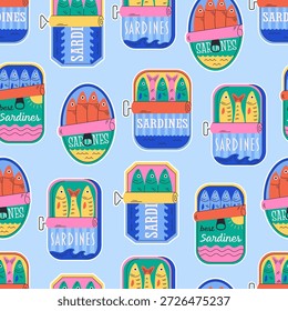 Seamless pattern with cute canned sardines. Mediterranean italian food. Design for banner, wallpaper, wrapping paper, background, card, poster. Vector illustration in flat style