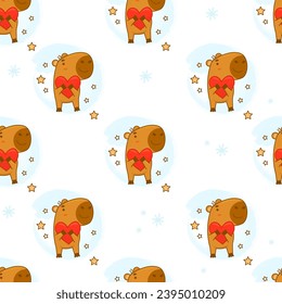 Seamless pattern. Cute capybara animal character with heart on white background. Vector illustration for festive design, wallpaper, packaging, textile. kids collection