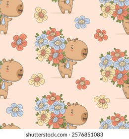 Seamless Pattern with Cute Capybara Big Holding Bouquet of Flowers on light Pink Background. Vector illustration. Festive template for birthday design, women's day, valentine's day