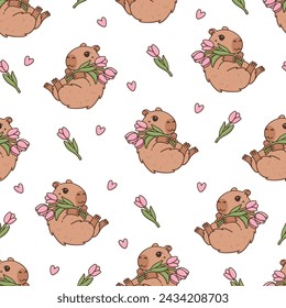 Seamless pattern with cute capybara and bouquet of tulip flowers and pink heart. Funny cartoon rodent character in kawaii style. Spring vector illustration on white background with animal