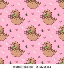 Seamless pattern with cute capybara and bouquet of tulip flowers, pink hearts, cute daisies. Funny cartoon rodent character in kawaii style. Spring vector illustration on pink background with animal