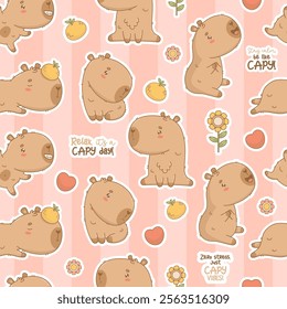 Seamless pattern. Cute Capybara cartoon kawaii character on striped pink background. Vector illustration. Kids collection