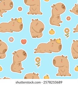 Seamless pattern. Cute Capybara cartoon character on blue background with tangerine, heart and flowers. Vector illustration. Kids collection.