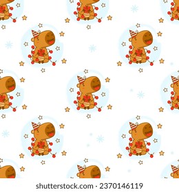 Seamless pattern. Cute capybara with Christmas gift and garland on white background with snowflakes. Vector illustration for new year festive design, wallpaper, packaging, textile. kids collection