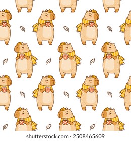 Seamless pattern with cute сartoon capybara with cup of coffee  - funny animal background for Your cozy autumn design