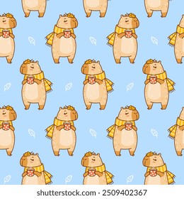 Seamless pattern with cute сartoon capybara with cup of coffee  - funny animal background for Your cozy autumn design