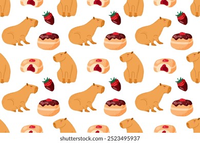 Patrón sin fisuras con lindo Capybara y postre, personajes animales divertidos con dulces para Festiva. Caricatura feliz Capybara. Fondo repetido, Fondo de pantalla, papel de embalaje, embalaje, textil.