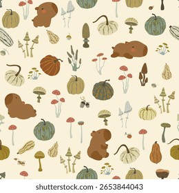 Padrão sem costura com capivara bonito, cogumelos diferentes, abóboras e bolotas. Ilustração vetorial, padrão de queda.