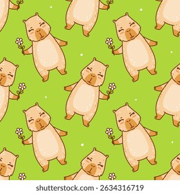Seamless pattern with cute сartoon capybara with flower on green  - funny animal background for Your happy summer design