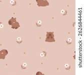 Seamless pattern with cute capybara, flowers, hearts and leaves. Hand drawn animals and plants.	