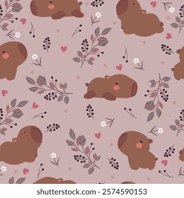 Seamless pattern with cute capybara, flowers, hearts and leaves. Hand drawn animals and plants.