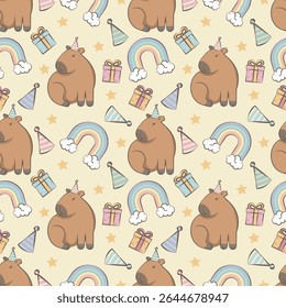 Padrão perfeito com capivara bonito, presentes, arco-íris, bonés de festa. Para embalagens, papel de parede, fundo e têxteis em cores pastel