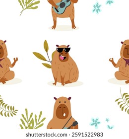 Seamless pattern with cute capybara, hand drawn vector.