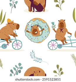 Seamless pattern with cute capybara, hand drawn vector.