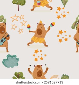 Seamless pattern with cute capybara, hand drawn vector.