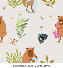 Seamless pattern with cute capybara, hand drawn vector.