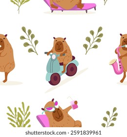 Seamless pattern with cute capybara, hand drawn vector.