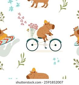 Seamless pattern with cute capybara, hand drawn vector.