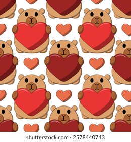 Seamless pattern with Cute Capybara with Heart