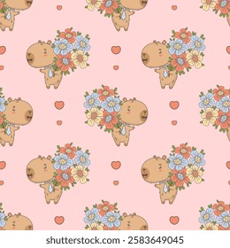 Seamless Pattern with Cute Capybara Holding Bouquet of Flowers on Pink Background with Hearts. Vector illustration. Kids collection