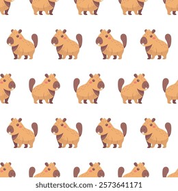 Seamless Pattern of Cute Capybara Illustrations. Adorable seamless pattern featuring cartoon-style capybaras with cheerful expressions on a white background, perfect for kids' designs and textiles