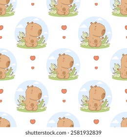 Seamless Pattern Cute capybara meditates in lotus pose in nature. Funny cartoon kawaii animal yogi on white background with hearts. Vector illustration. Sports hobby template. Kids collection