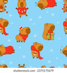 Seamless pattern with Cute capybara on blue background. Vector illustration for Christmas, new year design, wallpaper, packaging, textile. kids collection.