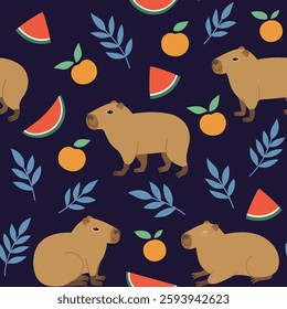 Seamless pattern with cute capybara, oranges and watermelon. Vector hand-drawn doodle illustration in trendy style.