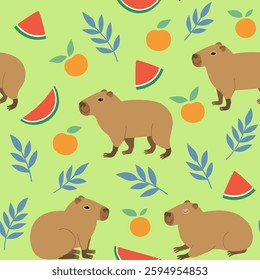 Seamless pattern with cute capybara, oranges and watermelon. Vector hand-drawn doodle illustration in trendy style.