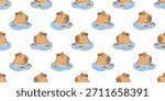 Seamless pattern of cute capybara relaxing in a warm bath with oranges cartoon, vector illustration