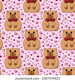 Seamless pattern with Cute Capybara with small hearts