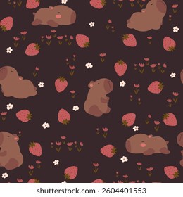 Seamless pattern with cute capybara and strawberries on dark background . Hand drawn animals and strawberry.	
