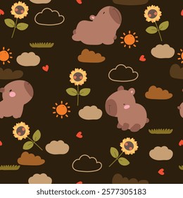 Seamless pattern with cute capybara, sun, sunflowers, hearts and clouds on black background. Vector illustration with animals for kids.