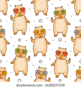 Seamless pattern with cute сartoon capybara with sun glasses on white  - funny animal background for Your happy summer design