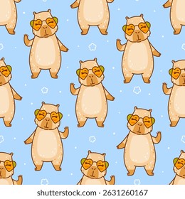 Seamless pattern with cute сartoon capybara with sun glasses on blue - funny animal background for Your happy summer design
