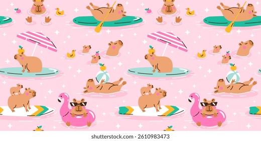 Seamless pattern with Cute capybara swimming in water. Hand drawn vector illustration. Naive childish background. Cool comic summer characters, kids poster, card, social media banner.