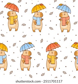 Seamless pattern with cute сartoon capybara with umbrella  - funny animal background for Your cozy autumn design