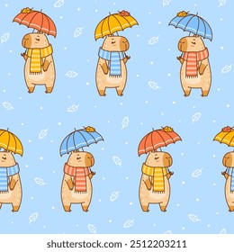 Seamless pattern with cute сartoon capybara with umbrella  - funny animal background for Your cozy autumn design