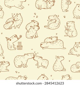 Seamless pattern with cute  capybara. Wallpaper with  capybara family. Vector animal illustration. 