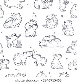 Seamless pattern with cute  capybara. Wallpaper with  capybara family. Vector animal illustration. 