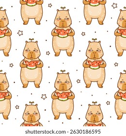 Padrão contínuo bonito сArtoon capybara com melancia no branco - fundo animal engraçado para seu projeto de verão feliz