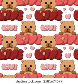 Seamless pattern with Cute Capybara with the word Love