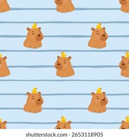Seamless pattern with cute capybara and yellow duck